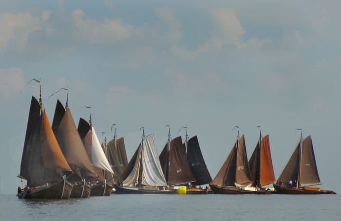 Boten van de vereniging Botterbehoud liggen in het meer vlak bij de oever